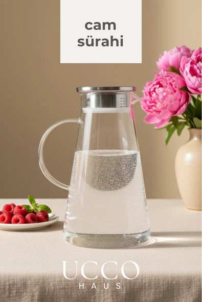 UCCO 1800 ml Premium Borosilikat Cam Sürahi Vakum Kapaklı Modern Pinterest Karaf Detox Limonata Meşrubat ürün görseli 1