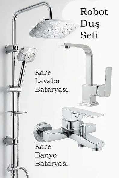3’lü Banyo Seti  Robot Duş Seti  Kare Lavabo Bataryası  Kare Banyo Bataryası  %100 Pirinç ürün görseli 1