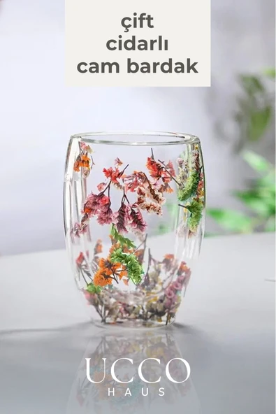 UCCO Çift Cidarlı 350 ml Çiçekli Borosilikat Cam Bardak – Isıya Dayanıklı Şık Kahve Su Meşrubat Limonata ürün görseli 1
