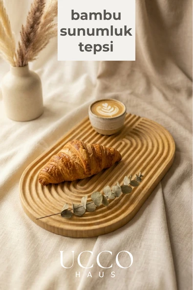 UCCO Doğal Bambu Sunumluk - 33x20X1,3cm– Kahve, Tatlı, Peynir Oval Oluklu Servis Tabağı Tepsi ürün görseli 1