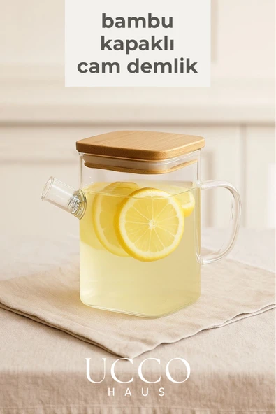 UCCO 1 Litre Bambu Kapaklı Boroslikat Cam Demlik Sürahi | Detox, Limonata, Bitki Çayı, Yağdanlık Mutfak ürün görseli 1