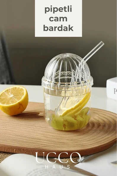 UCCO Cam Pinterest Bardak, Cam Pipetli Kahve Limonata Meşrubat Çay Kokteyl Sunum Bardağı ürün görseli 1
