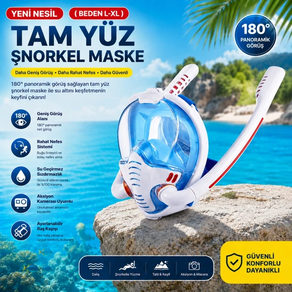 HyMark Çift Tüplü Şnorkel Maskesi (L-XL) Beden Tam Kuru Dalış Yüzme Maskesi Full Face Dalış Gözlüğü ürün görseli 1