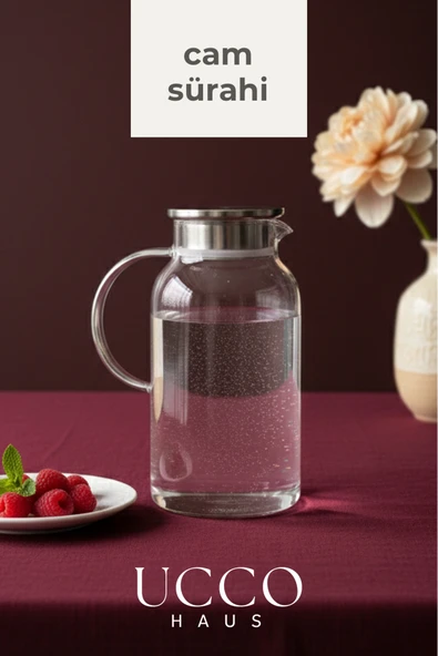 UCCO 1800 ml Premium Borosilikat Cam Sürahi Vakum Kapaklı Modern Pinterest Karaf Detox Limonata Meşrubat ürün görseli 1