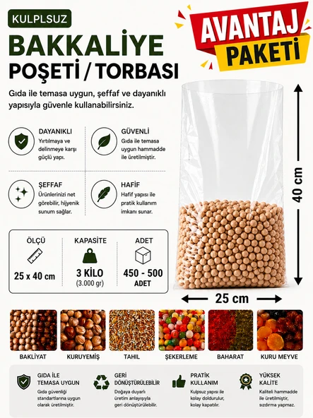 3 NO (450-500 Adet) Bakkaliye ve Erzak Poşeti (3'Lü avantaj paket) 25 x 40 cm 3 Kilo Kapasiteli Şeffaf Torba ürün görseli 1