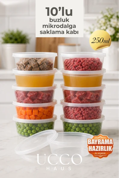 UCCO 10 Adet 250 ml Sızdırmaz Kapaklı Sosluk Buzluk Saklama Kabı, Et Suyu, Kemik Suyu Mutfak Organizeri ürün görseli 1