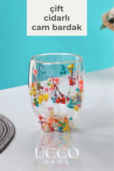 UCCO Çift Cidarlı 350 ml Çiçekli Borosilikat Cam Bardak – Isıya Dayanıklı Şık Kahve Su Meşrubat Limonata ürün görseli 1