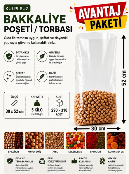 5 NO (290-310 Adet) Bakkaliye ve Erzak Poşeti (3'Lü avantaj paket) 30 x 52 cm 5 Kilo Kapasiteli Şeffaf Torba ürün görseli 1