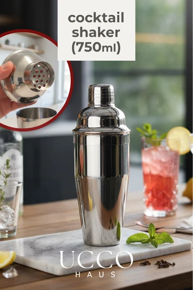 UCCO Premium 304 Paslanmaz Çelik 750 ml Kokteyl Shaker - Dahili Süzgeçli Mat/Parlak Tasarım ürün görseli 1