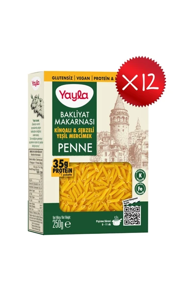Yayla Kinoalı ve Sebzeli Yeşil Mercimek Penne Bakliyat Makarnası 250 g x12 ürün görseli 1