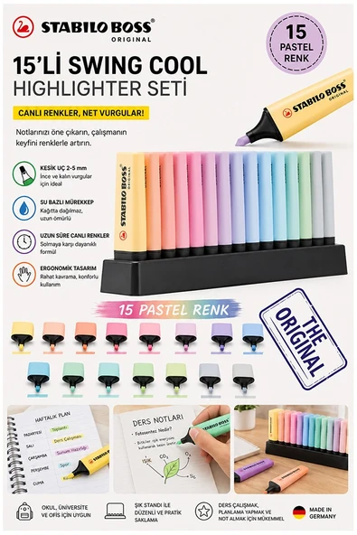 15 Renk Fosforlu Kalem Standlı 1 Paket Orjinal Stabilo Boss 15 li Pastel Renkler İşaretleme Kalemi Pürüzsüz Yazım Kalite ürün görseli 1