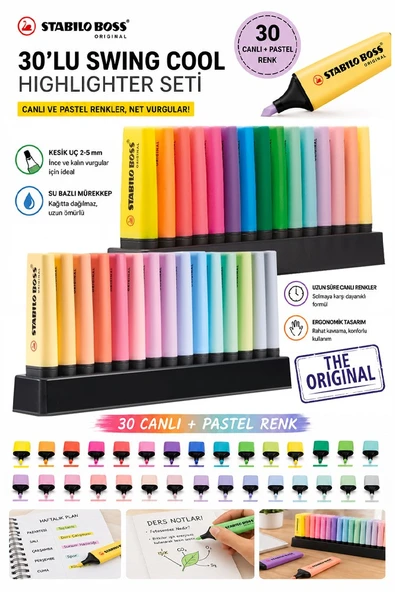 30 Renk Fosforlu Kalem Standlı 1 Paket Orjinal Stabilo Boss 30 lu Pastel ve Canlı Renkler İşaretleme Kalemi Pürüzsüz ürün görseli 1