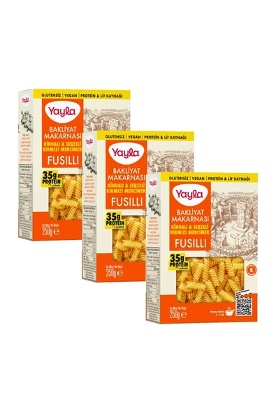 Yayla Kinoalı ve Sebzeli Kırmızı Mercimek Fusilli Bakliyat Makarnası 250 g x3 ürün görseli 1