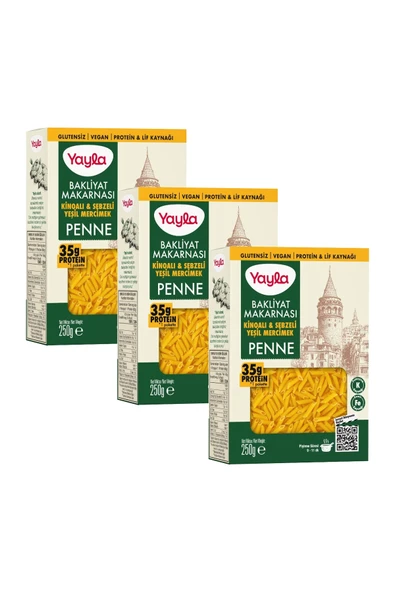 Yayla Kinoalı ve Sebzeli Yeşil Mercimek Penne Bakliyat Makarnası 250 g x3 ürün görseli 1