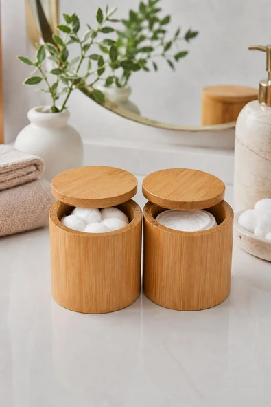 Bambu Kapaklı Pamukluk Makyaj Pamuğu Saklama Kutusu Banyo Organizeri 8x8 cm Doğal Tasarım ürün görseli 1