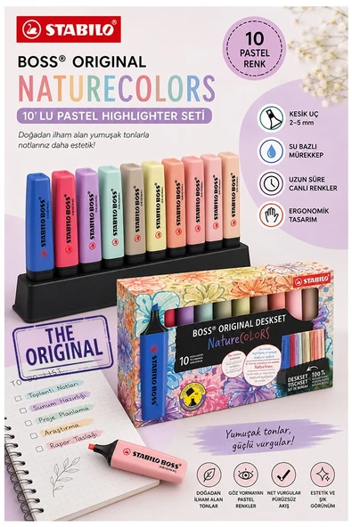 10 Renk Fosforlu Kalem Standlı 1 Paket Orjinal Stabilo Boss 10 lu Nature Colors Renkler İşaretleme Kalemi Pürüzsüz Yazım ürün görseli 1