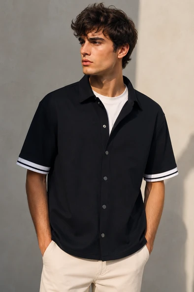 Erkek Siyah Oversize Çıtçıtlı Kısa Kollu Gömlek Ceket Premium Casual Gömlek ürün görseli 1