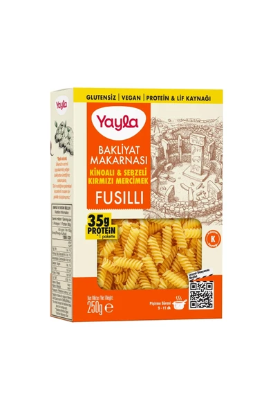 Yayla Glutensiz Kinoalı ve Sebzeli Kırmızı Mercimek Fusilli Bakliyat Makarnası 250 g ürün görseli 1