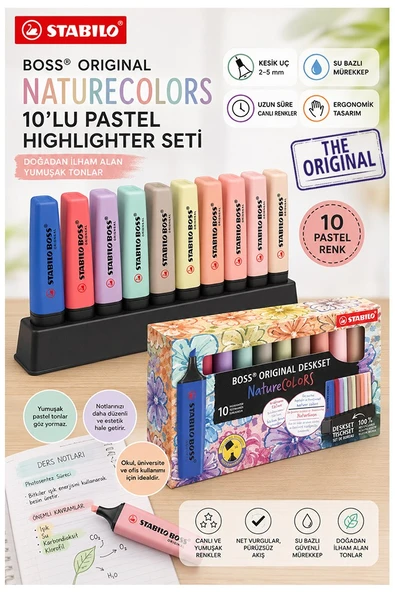 10 Renk Fosforlu Kalem Standlı 1 Paket Orjinal Stabilo Boss 10 lu Nature Colors Renkler İşaretleme Kalemi Pürüzsüz Yazım ürün görseli 1