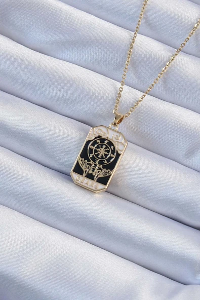 316L Çelik Zincir Altın Renk İşlemeli Siyah Mineli Tarot Kolye ürün görseli 1