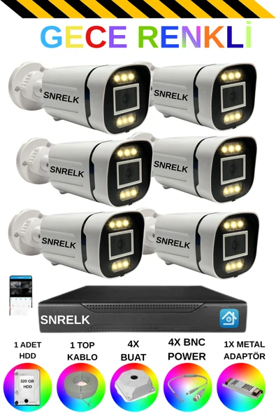 SNRELK 6'Lı Gece Renkli Yüz Tanıma Ve Hareket Algılamalı Full Hd Güvenlik Kamera Set ürün görseli 1