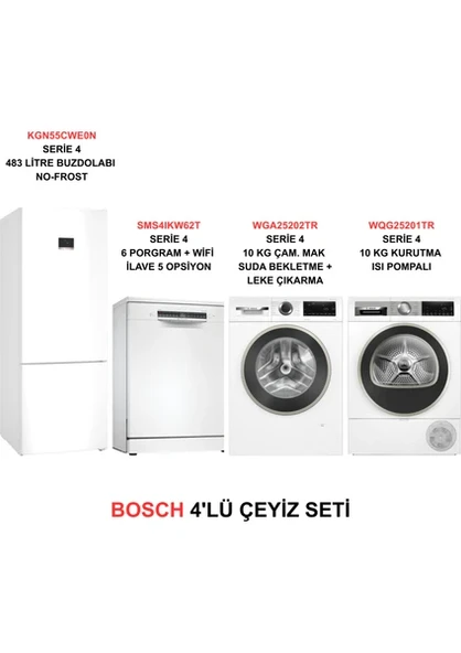 Bosch Çeyiz Seti KGN55CWE0N - SMS4IKW62T - WGA25202TR - WQG25201TR Beyaz Renkli 4'lü Set ürün görseli 1