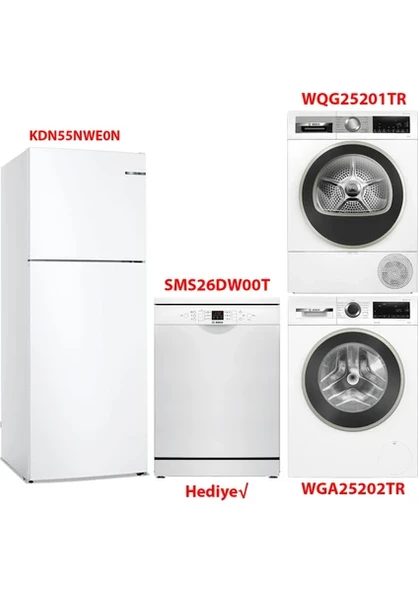 Bosch KDN55NWE0N - WGA25202TR - WQG25201TR - SMS26DW00T Beyaz Eşya 4'lü Set ürün görseli 1