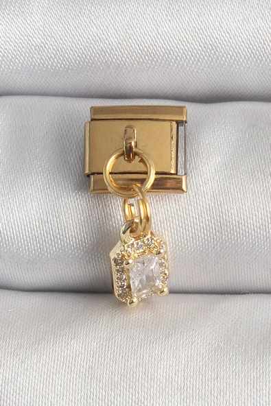 316L Çelik Gold Renk Sallantı Zirkon Taşlı Kare Model Nomination Charm ürün görseli 1