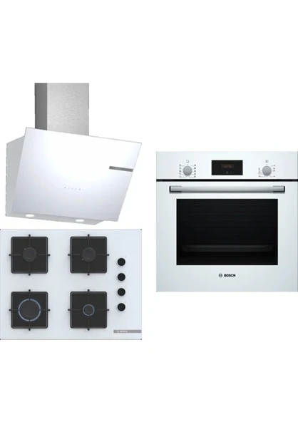 Bosch Ankastre 3'lü Set 304 Beyaz Renkli Gazlı Ocak ve Fırın Modern Mutfak Uyumlu ürün görseli 1