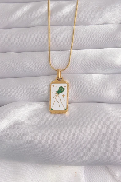 316L Çelik Gold Renk Beyaz Mineli Tarot Kolye ürün görseli 1
