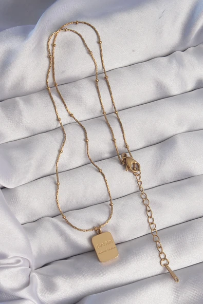 316L Çelik Gold Renk Kare Charm Model Kolye - Resim 2