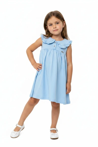 Toontoy Kız Çocuk   Regular Fit  Bebe Yaka Düğmeli  Kısa Kollu Elbise 25049 ürün görseli 1