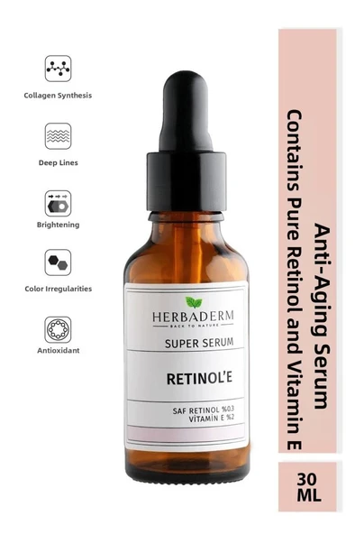 Herbaderm Süper Serum (Saf Retinol %0.3 + Vitamin E %2) Yaşlanma Karşıtı 30 ml ürün görseli 1
