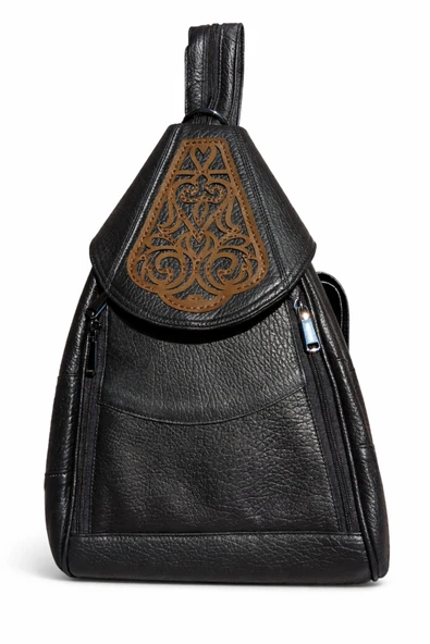 Durush Collection HAKİKİ DERİ, TASARIM EL İŞLEMESİ SİYAH SIRT ÇANTASI ürün görseli 1