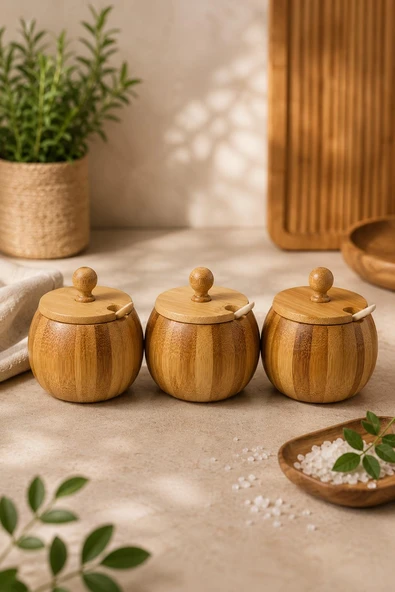 Bambu Baharatlık Seti 3'lü Kapaklı Kaşıklı Tuzluk Şekerlik Saklama Kabı Doğal Ahşap Organizer ürün görseli 1