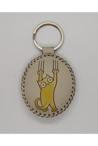 Durush Collection Gerçek Deri, El Dikişi, El Boyama Kedi Desenli Anahtarlık ürün görseli 1