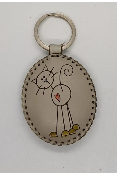 Durush Collection Gerçek Deri, El Dikişi, El Boyama Kedi Desenli Anahtarlık ürün görseli 1
