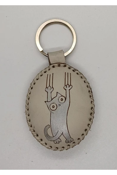 Durush Collection Gerçek Deri, El Dikişi, El Boyama Kedi Desenli Anahtarlık ürün görseli 1