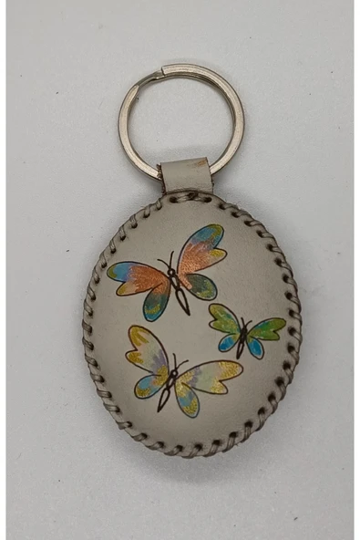 Durush Collection Gerçek Deri, El Dikişi, El Boyama Kelebek Desen Anahtarlık ürün görseli 1