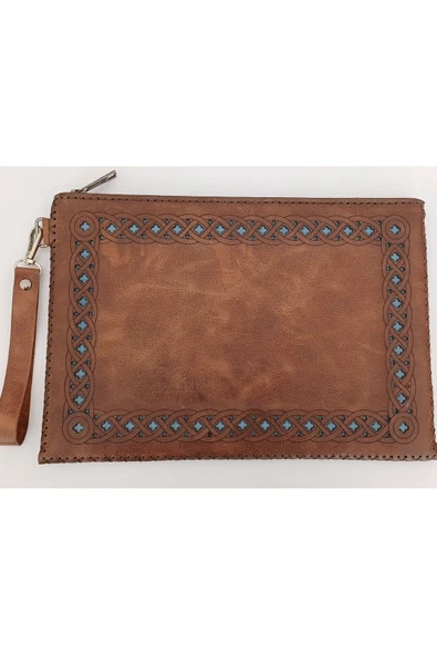Durush Collection Tasarım Gerçek Deri, El Işlemesi Taba-mavi Portföy - Clutch Çanta ürün görseli 1