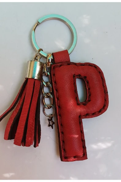 Durush Collection Gerçek Deri Kırmızı El Dikişi "P" Harfi Anahtarlık ürün görseli 1