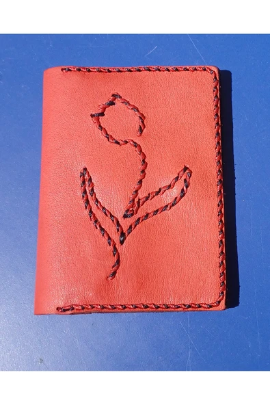 Durush Collection Tasarım Gerçek Deri Kırmızı İşlemeli Kartlık ürün görseli 1