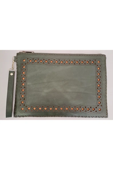 Durush Collection Tasarım Gerçek Deri, El Işlemesi Yeşil-taba Portföy - Clutch Çanta ürün görseli 1