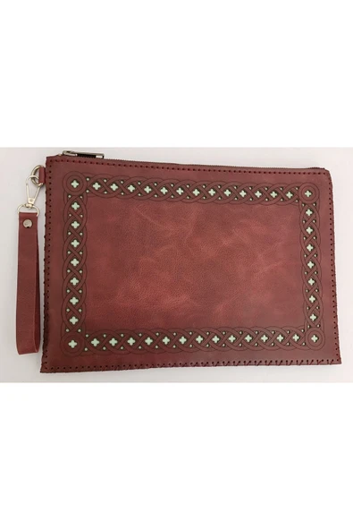 Durush Collection Tasarım Gerçek Deri, El Işlemesi Bordo-su Yeşili Portföy - Clutch Çanta ürün görseli 1