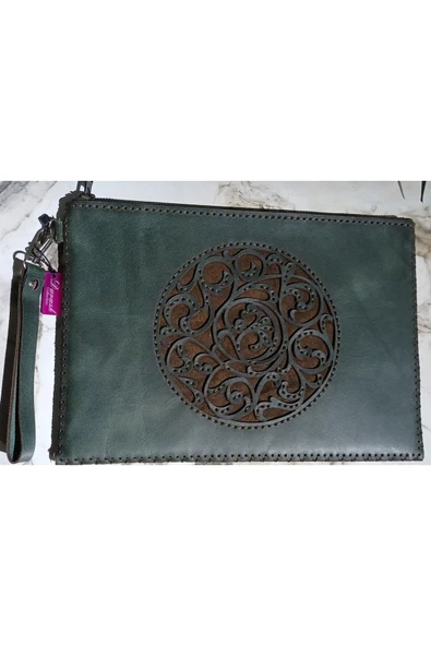 Durush Collection Tasarım, Gerçek Deri, Yeşil-Kahverengi El Işlemesi Portföy&clutch Çanta ürün görseli 1