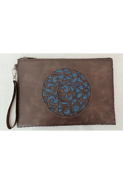 Durush Collection Tasarım, Gerçek Deri, Kahverengi-mavi El Işlemesi Portföy&clutch Çanta ürün görseli 1