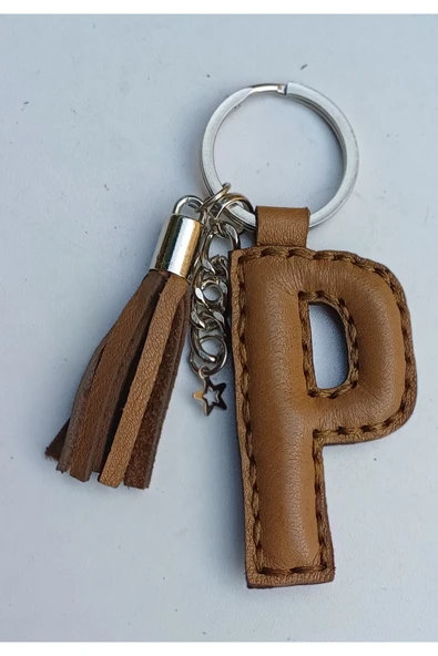 Durush Collection Sütlü Kahve Rengi Gerçek Deri El Dikişi "p" Harfi Anahtarlık ürün görseli 1