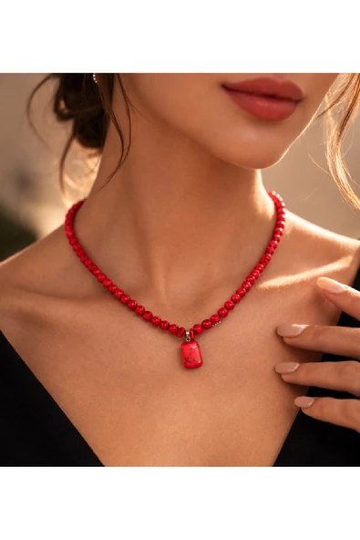 Durush Collection Doğal Taş Kırmızı Turkuaz Tasarım Kolye ürün görseli 1