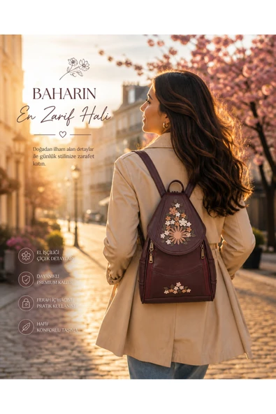 Durush Collection HAKİKİ DERİ, TASARIM EL İŞLEMESİ ÇİÇEKLİ BORDO SIRT ÇANTASI ürün görseli 1