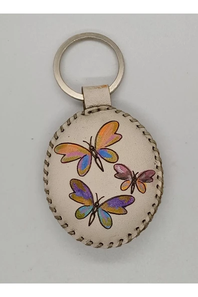 Durush Collection Gerçek Deri, El Dikişi, El Boyama Kelebek Desen Anahtarlık ürün görseli 1